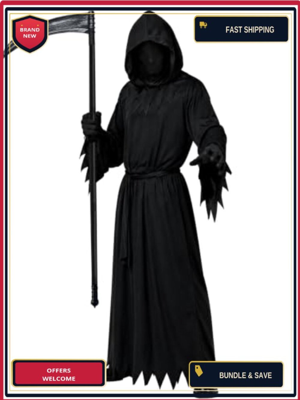 Grim Reaper Costume Set Adult Scary Ghost Phantom Halloween Robe Scythe
